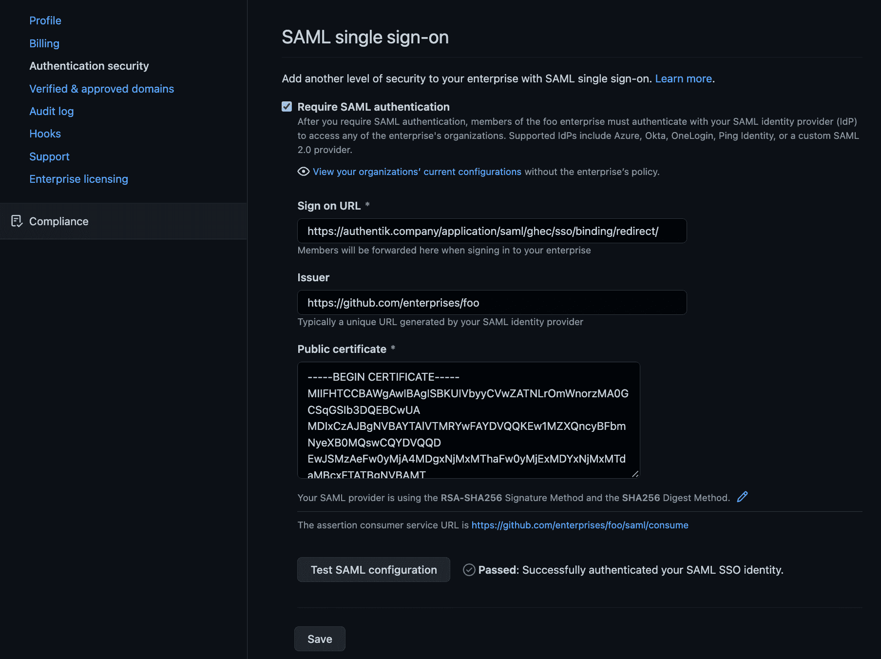 Screenshot showing populated GitHub enterprise SAML settings